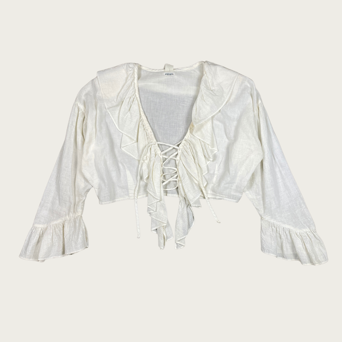 (L) Cropped White Lace Up Ruffle Blouse