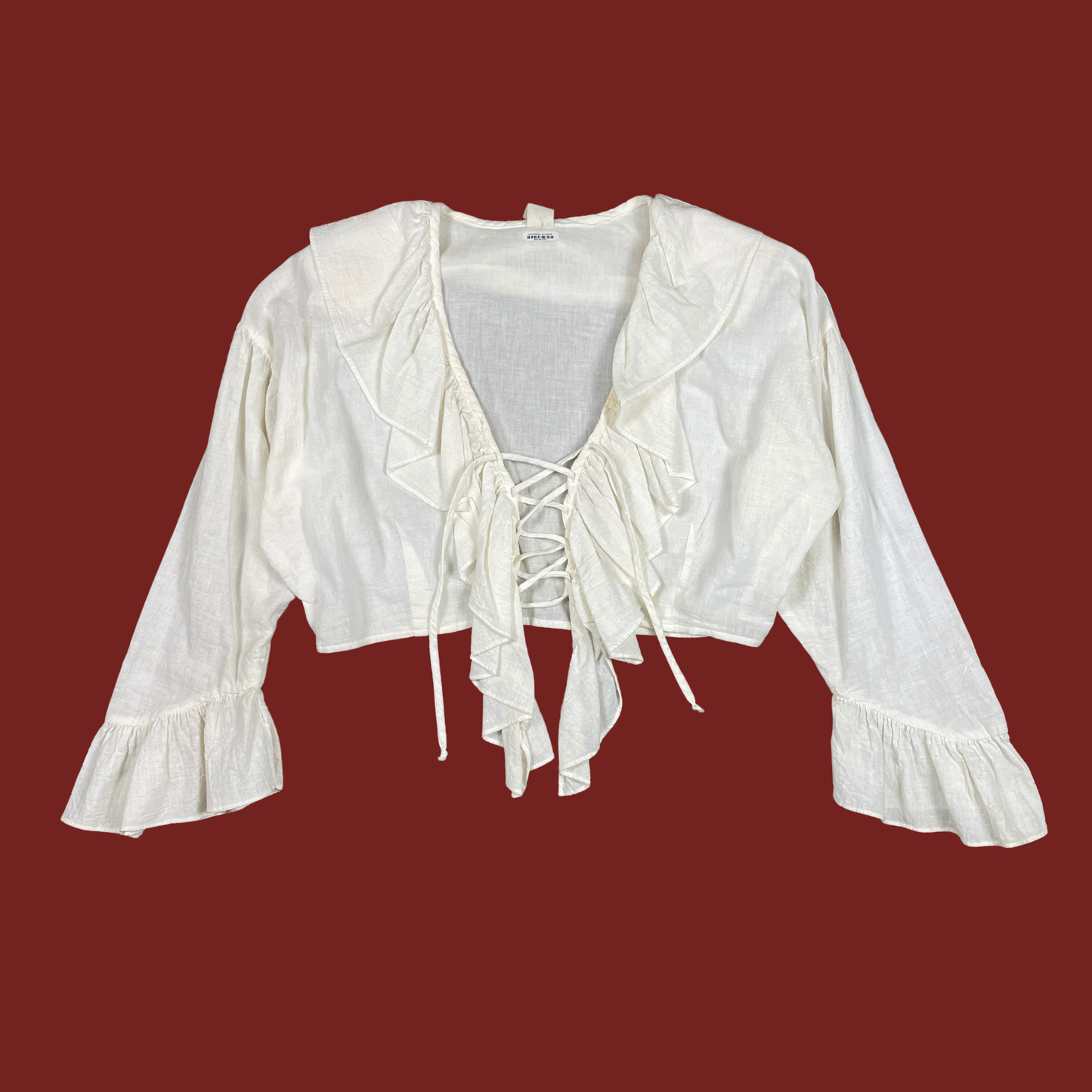(L) Cropped White Lace Up Ruffle Blouse