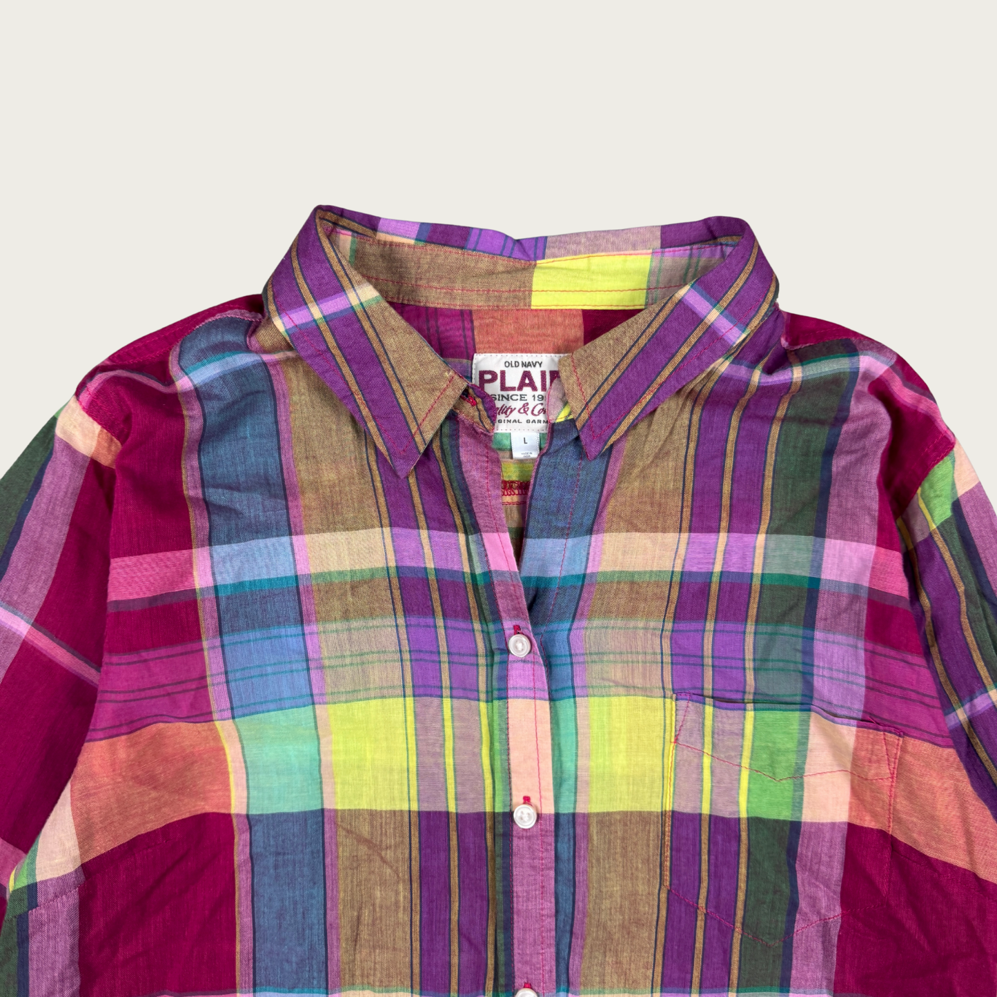 (L) Magenta Multicolor Plaid Cotton Blouse