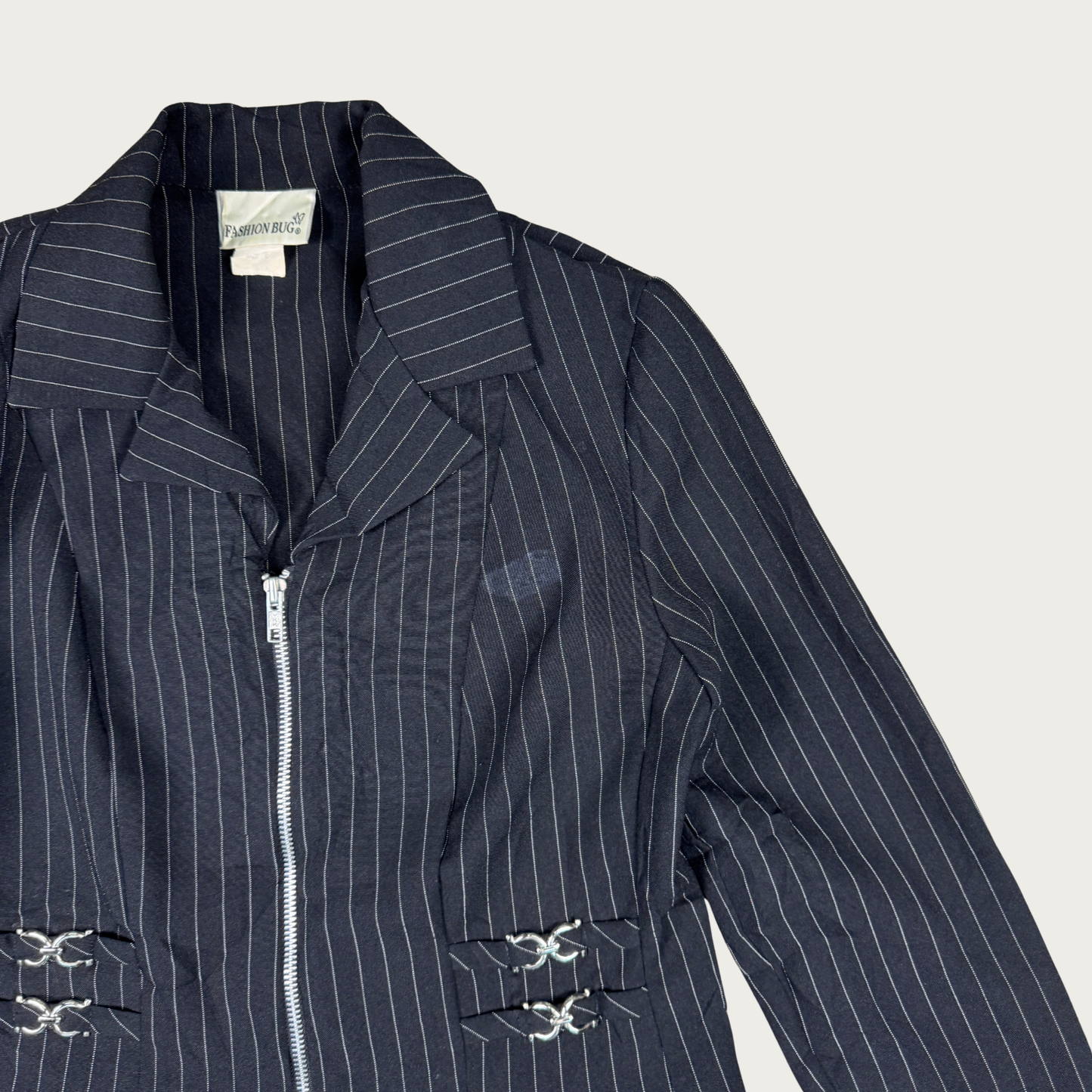 (S/M) Y2K Black Pinstripe Buckle Jacket