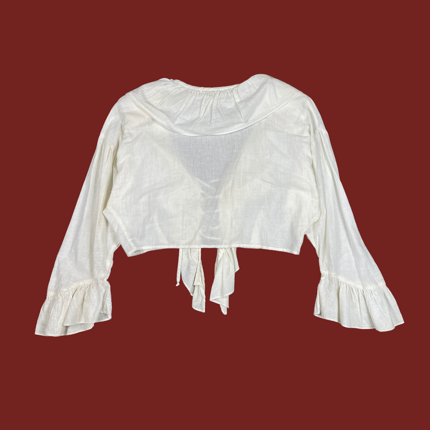 (L) Cropped White Lace Up Ruffle Blouse