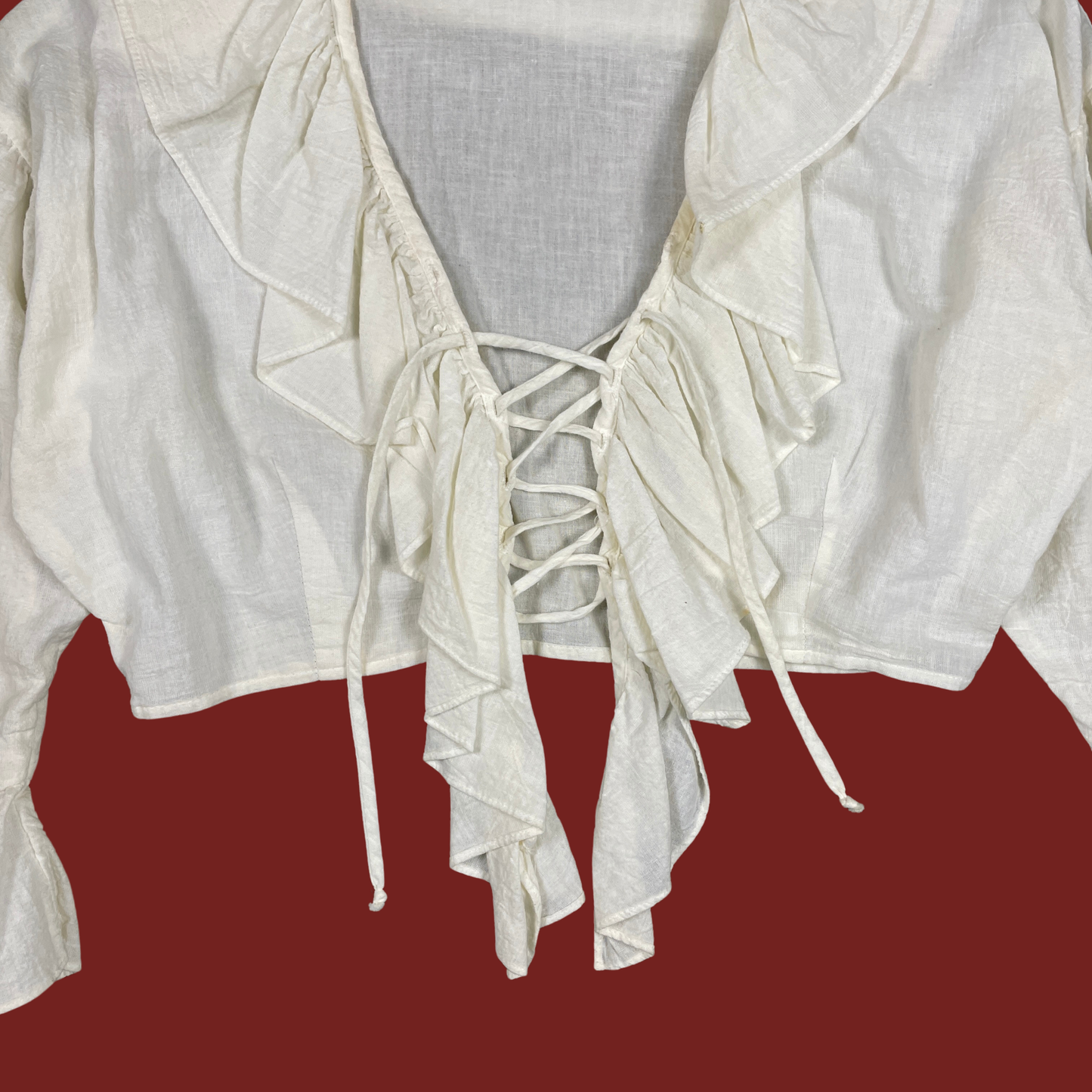 (L) Cropped White Lace Up Ruffle Blouse