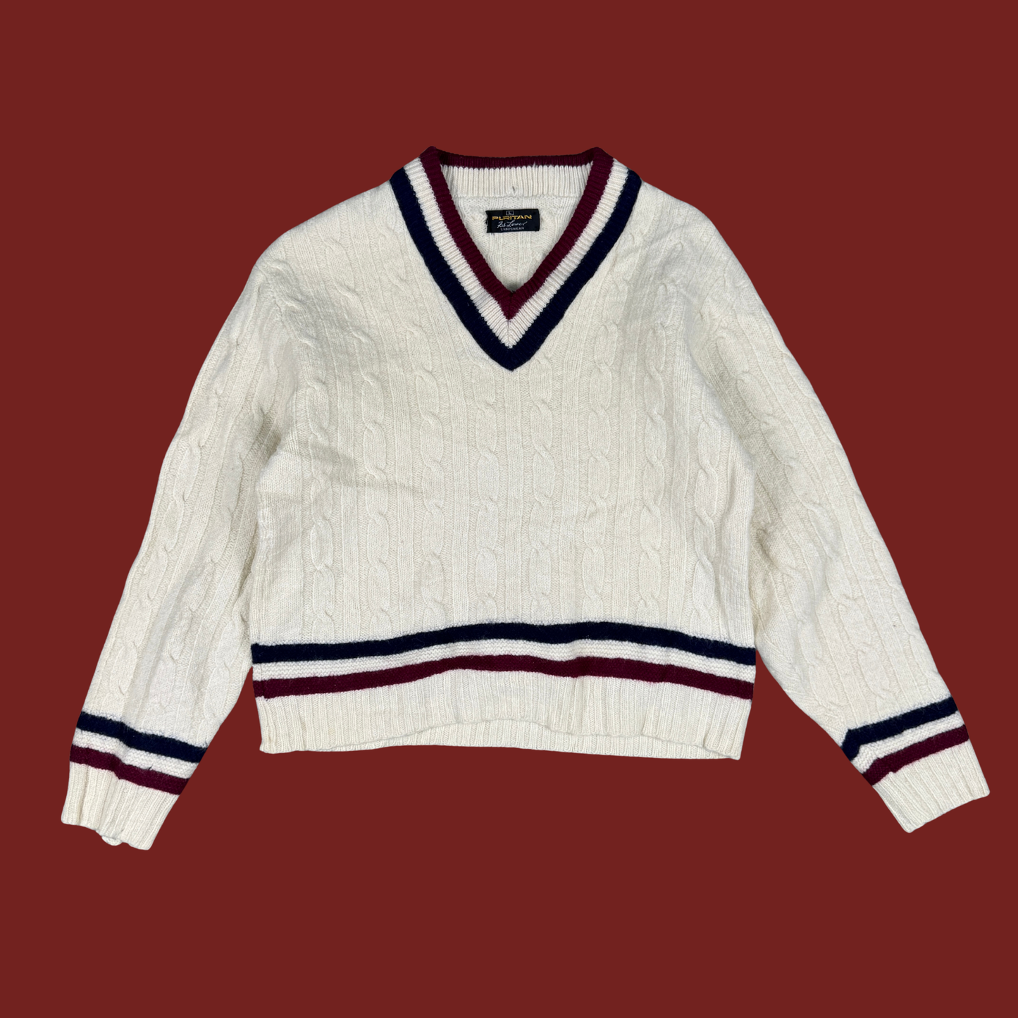 (L) 70s Wool Cable Knit Tennis Sweater