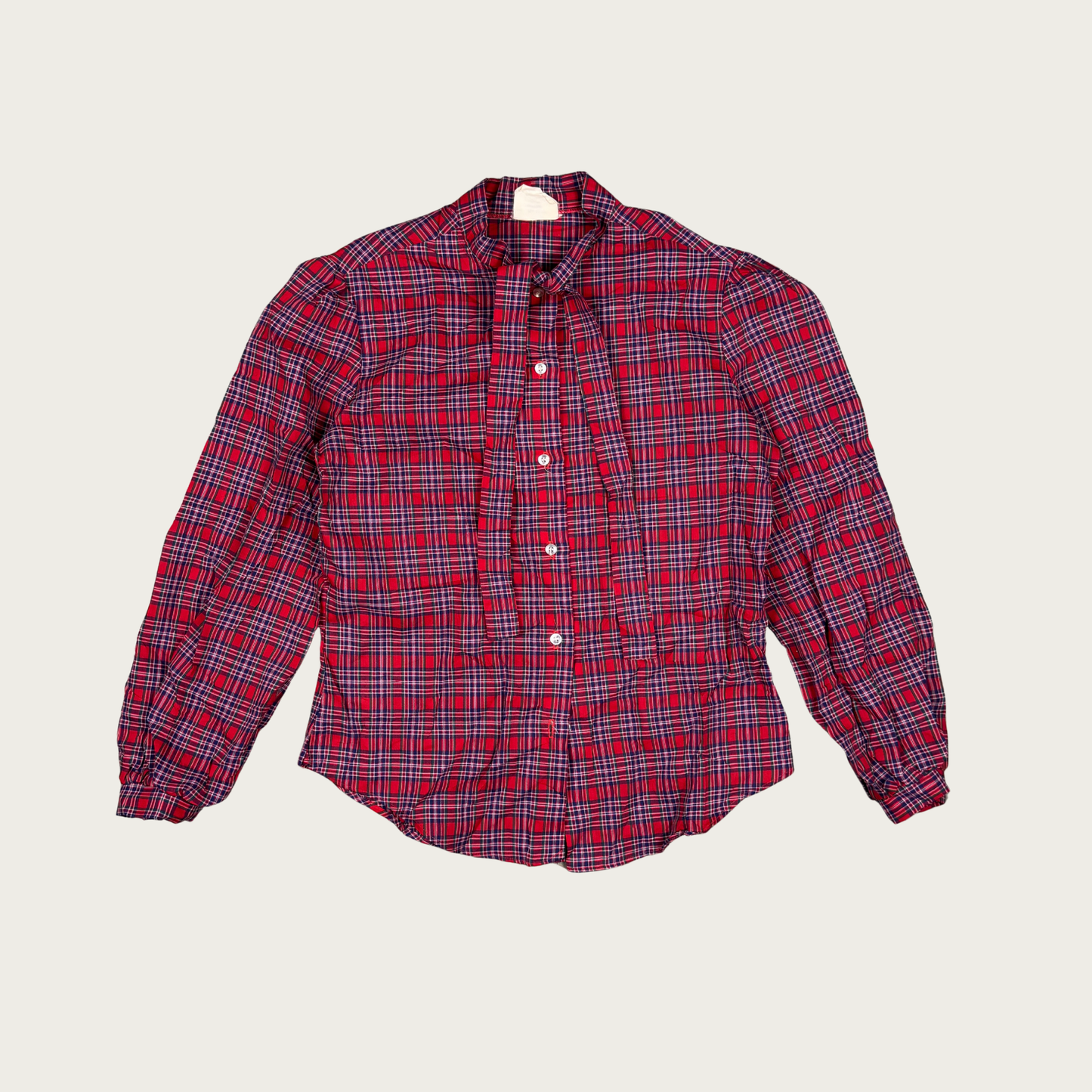 (L) Red Plaid Neck Tie Blouse