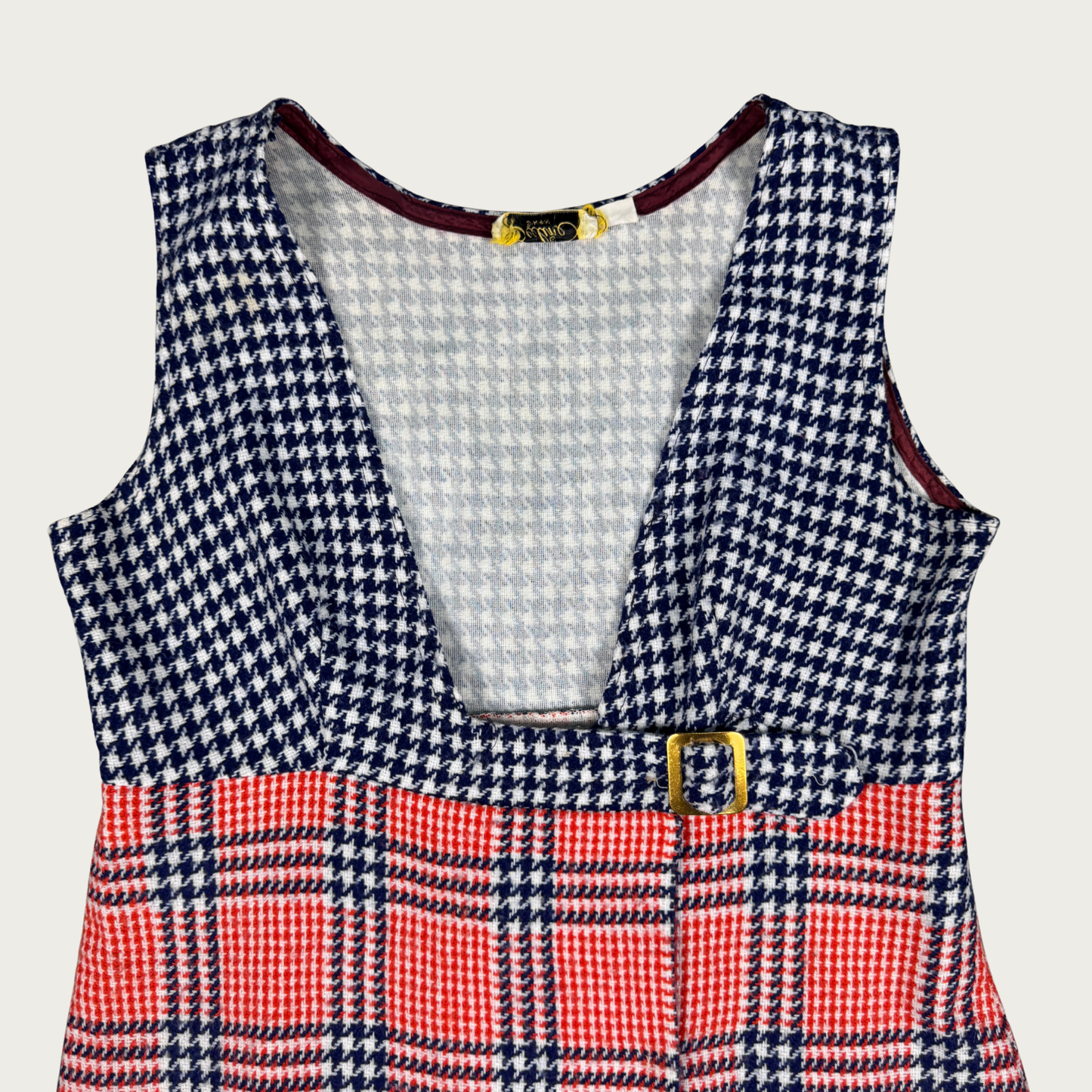 (M/L) 60s Red/Navy Plaid Buckle Mini Dress