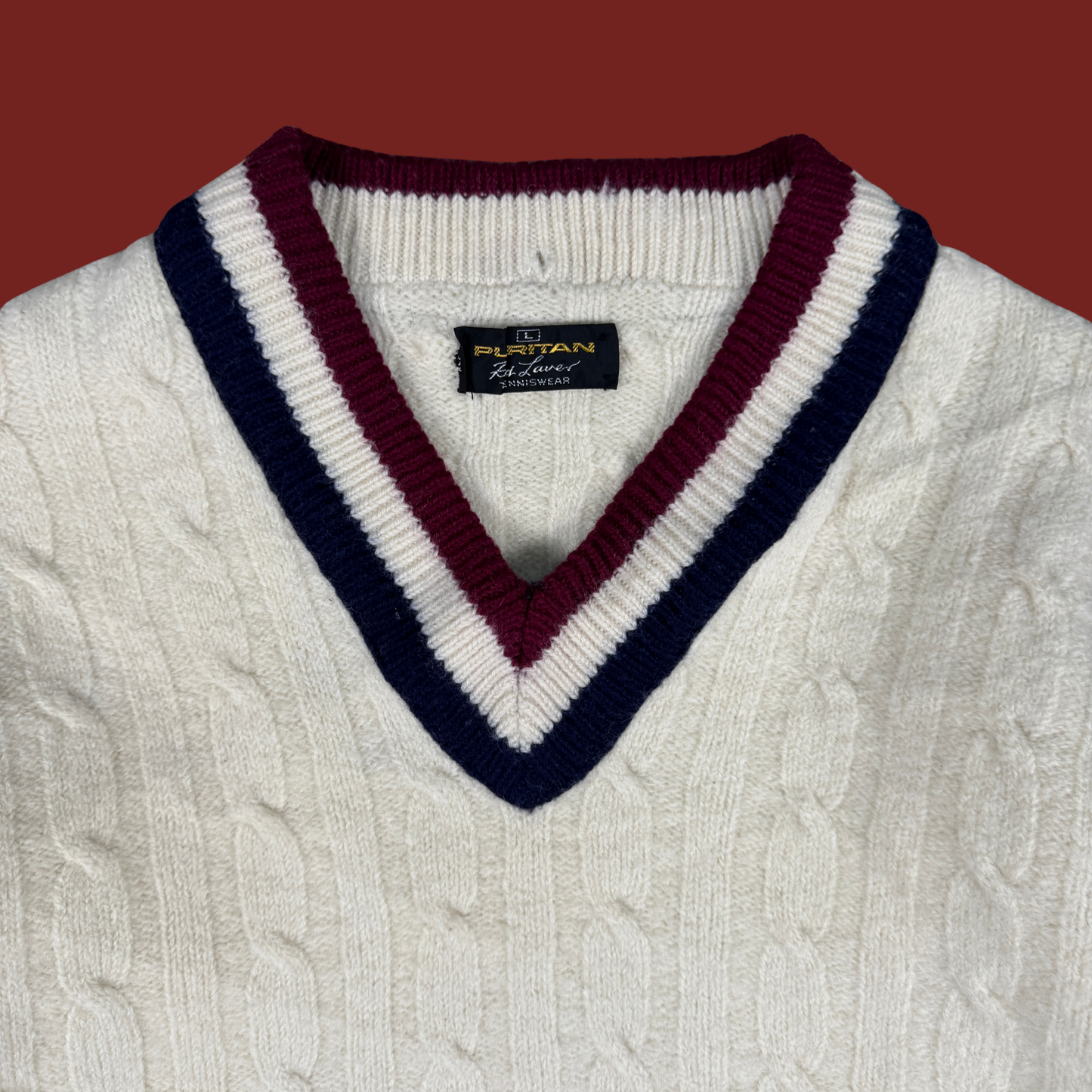 (L) 70s Wool Cable Knit Tennis Sweater