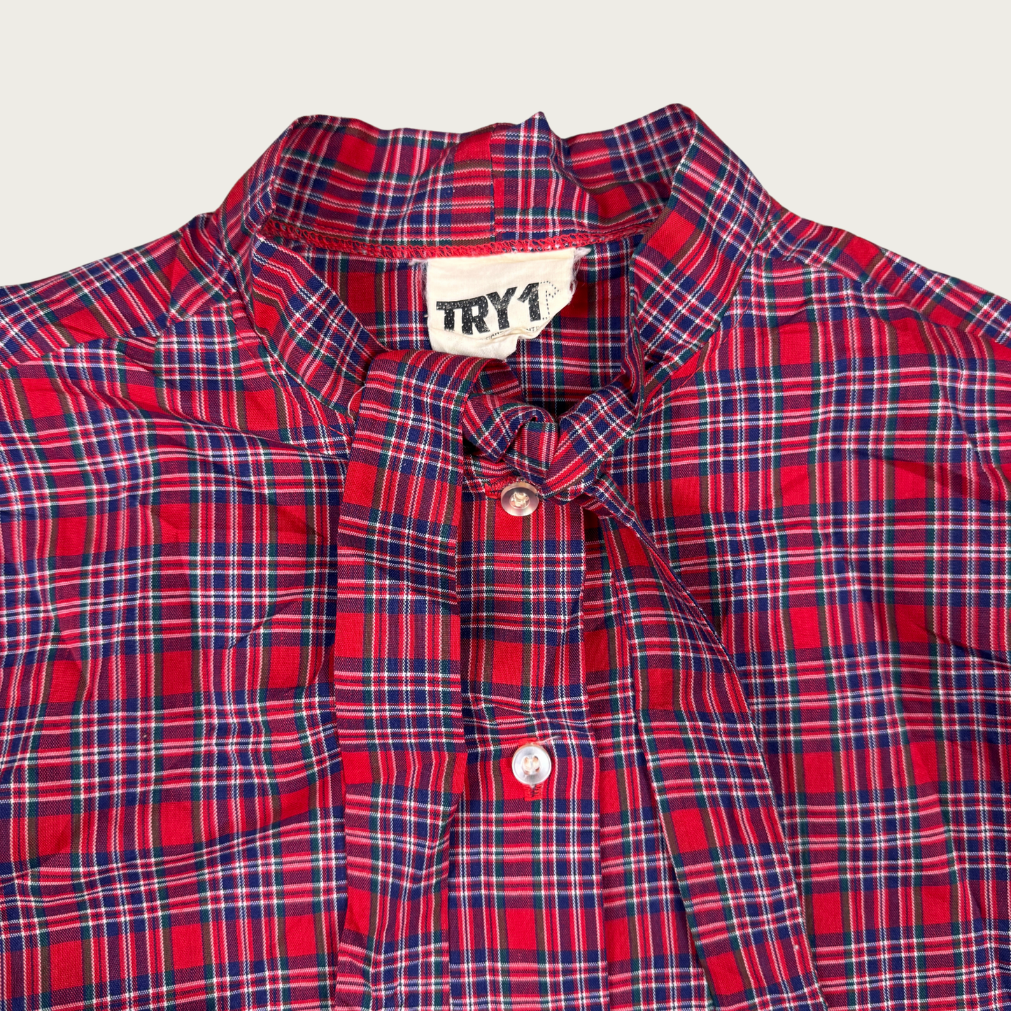 (L) Red Plaid Neck Tie Blouse
