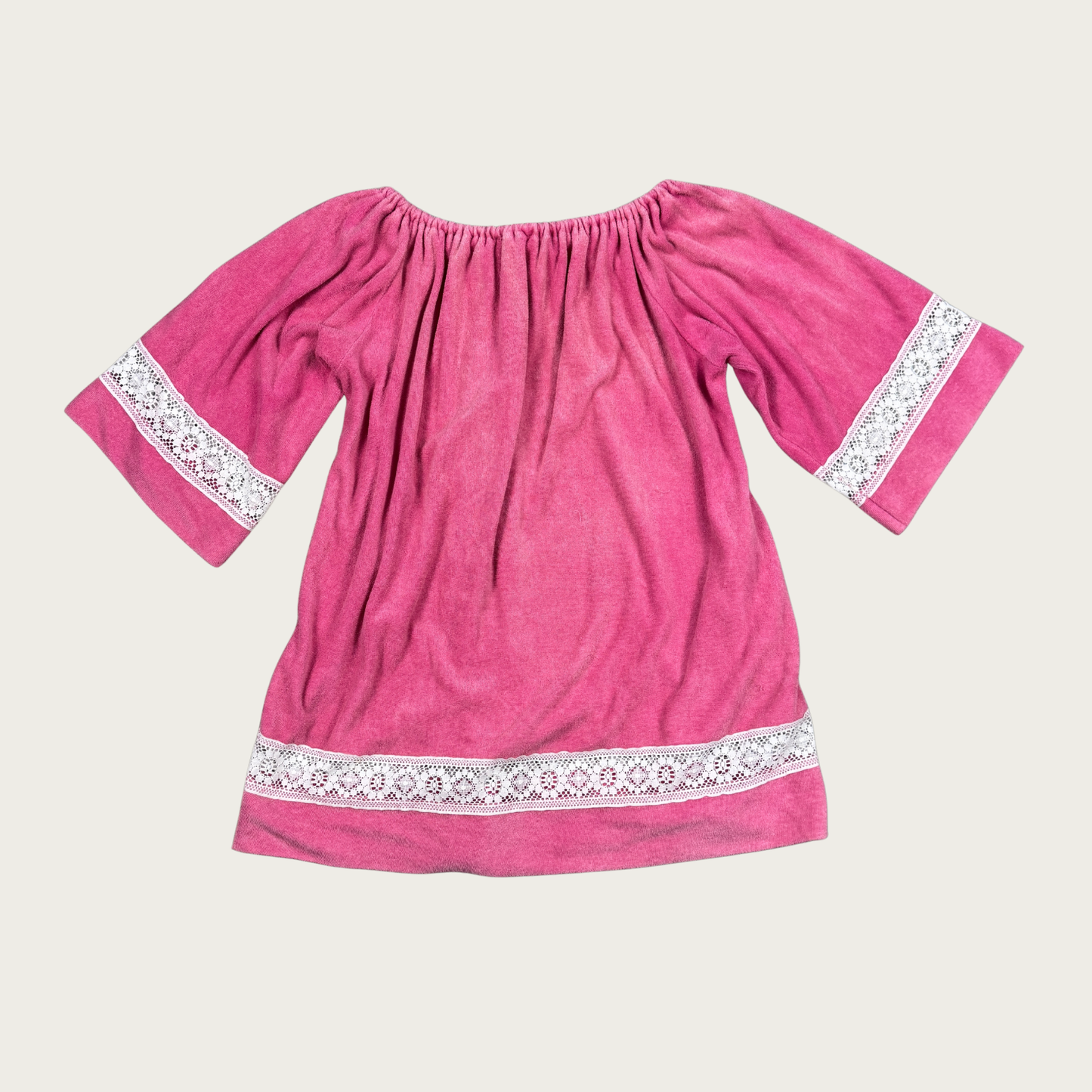 (S/M) 70s Pink Terrycloth Bell Sleeve Mini Dress