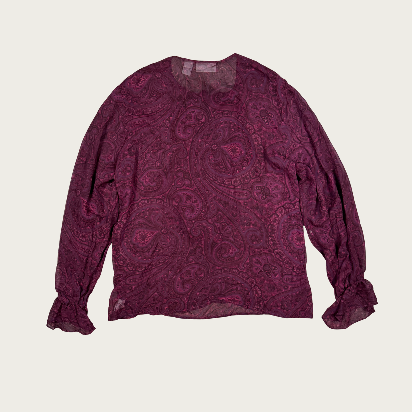 (L) Burgundy Paisley Print Silk Ruffle Blouse