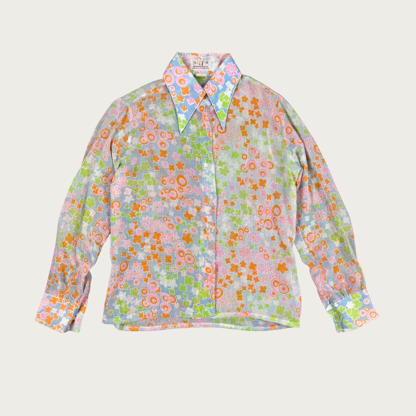 (M/L) 60s/70s Multicolor Groovy Print Sheer Blouse