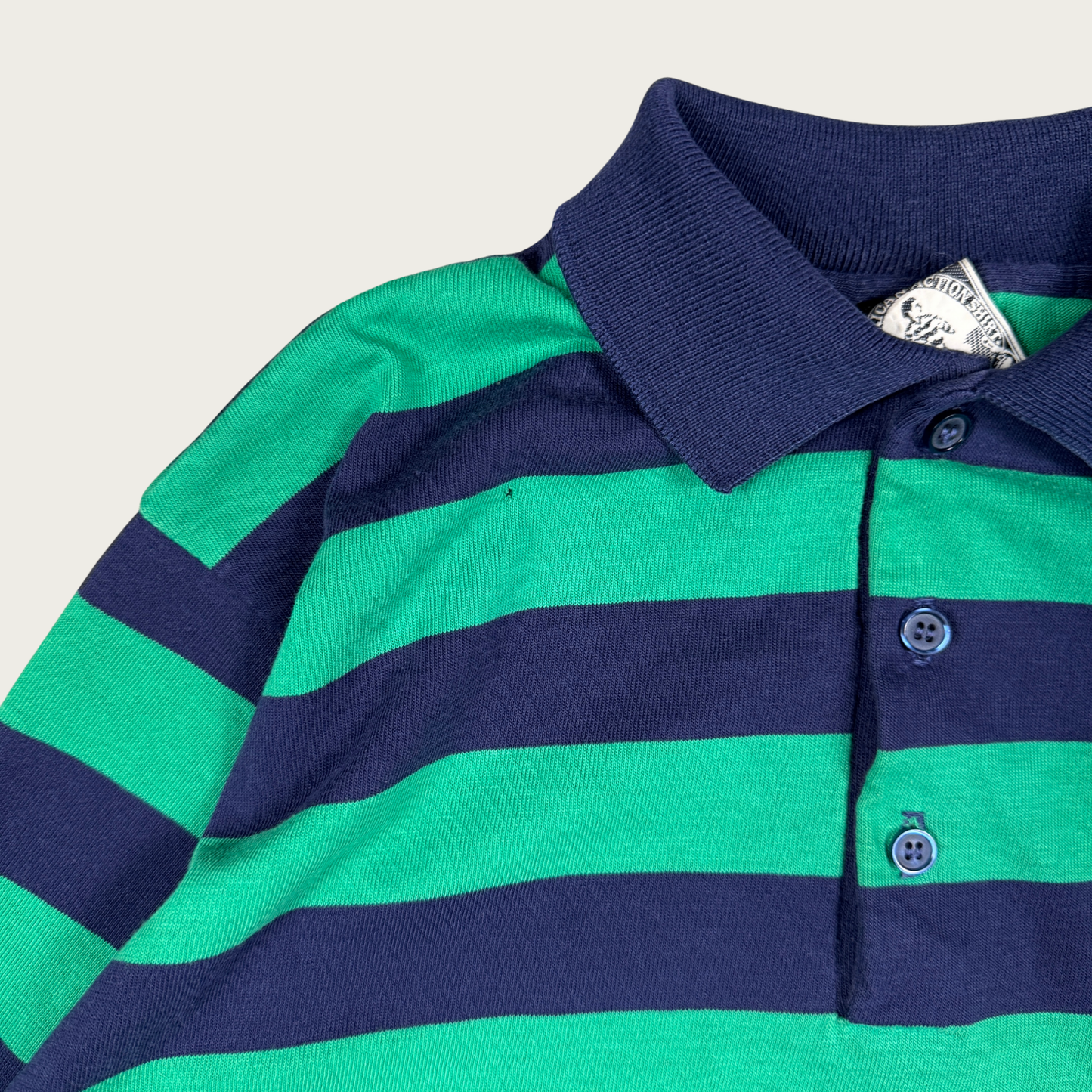 (S) 70s/80s Navy/Green Striped Long Sleeve Polo Shirt