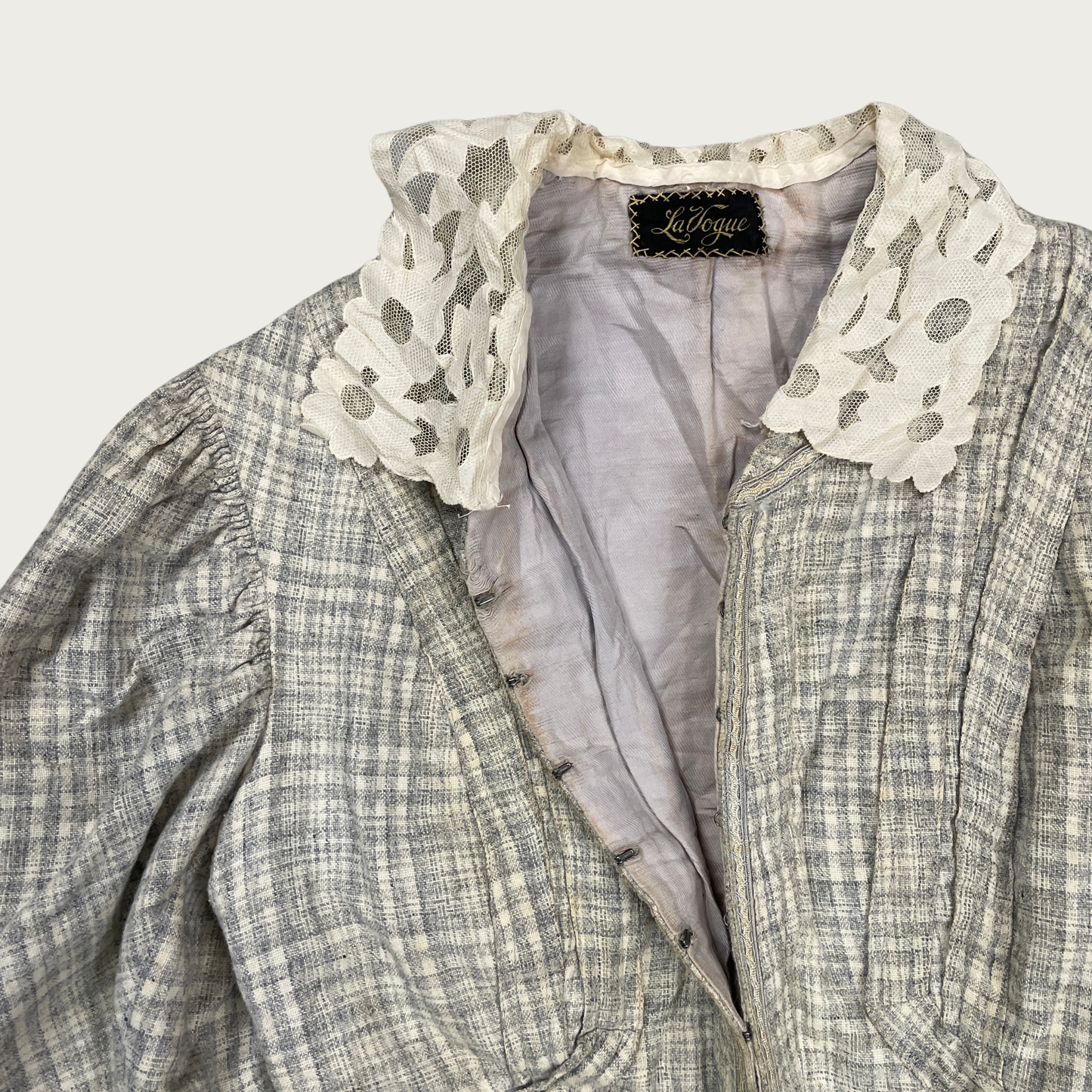 (XS/S) Antique Early 1900s Light Blue Plaid Jacket