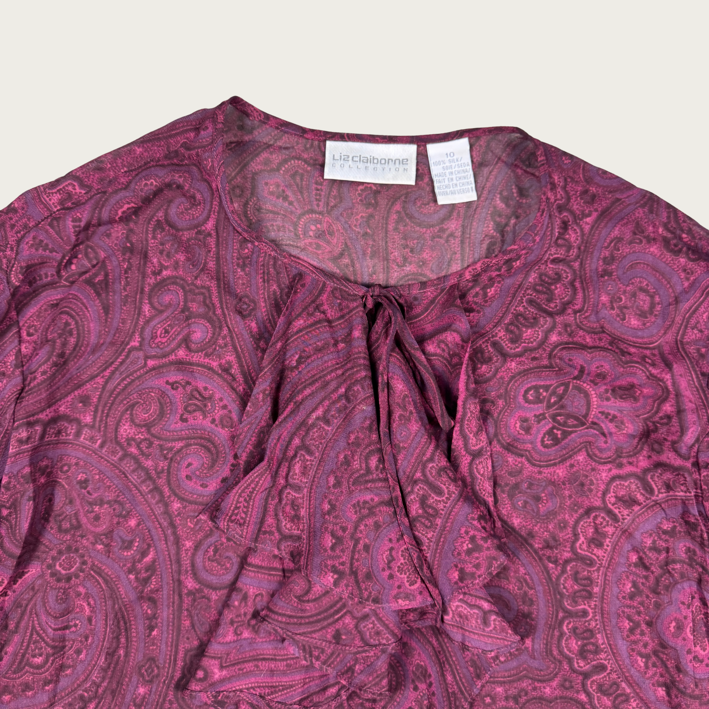 (L) Burgundy Paisley Print Silk Ruffle Blouse