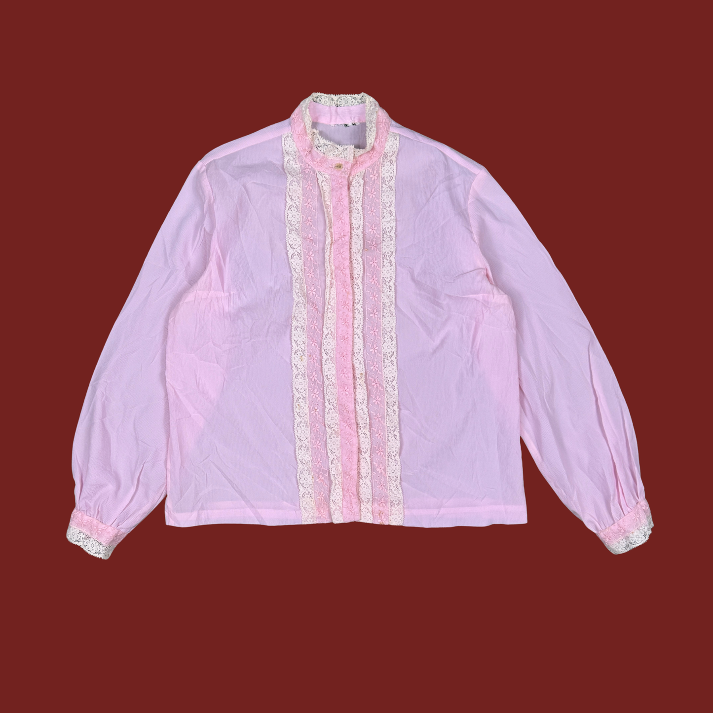 (L) 60s/70s Pink Lace Trim Blouse