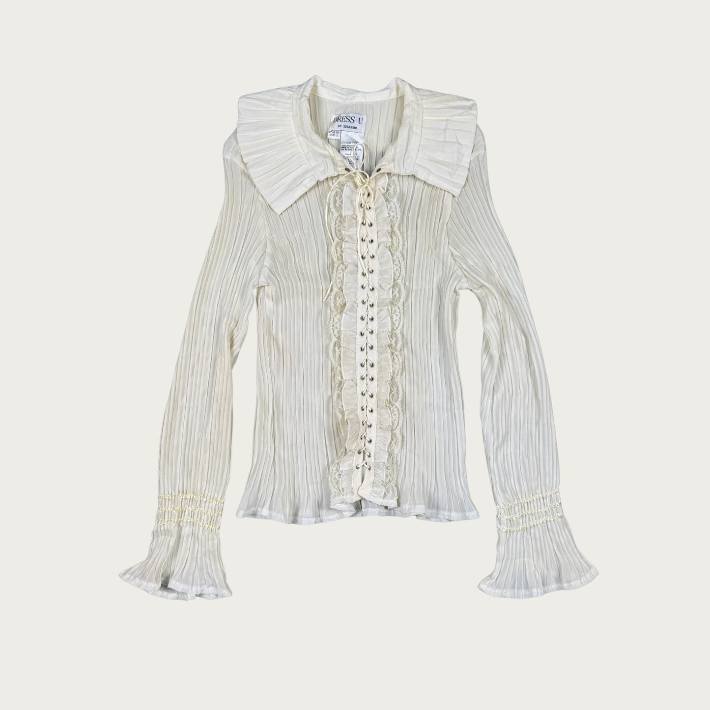 (L/XL) 90s/Y2K Pleated Lace Up Ruffle Blouse