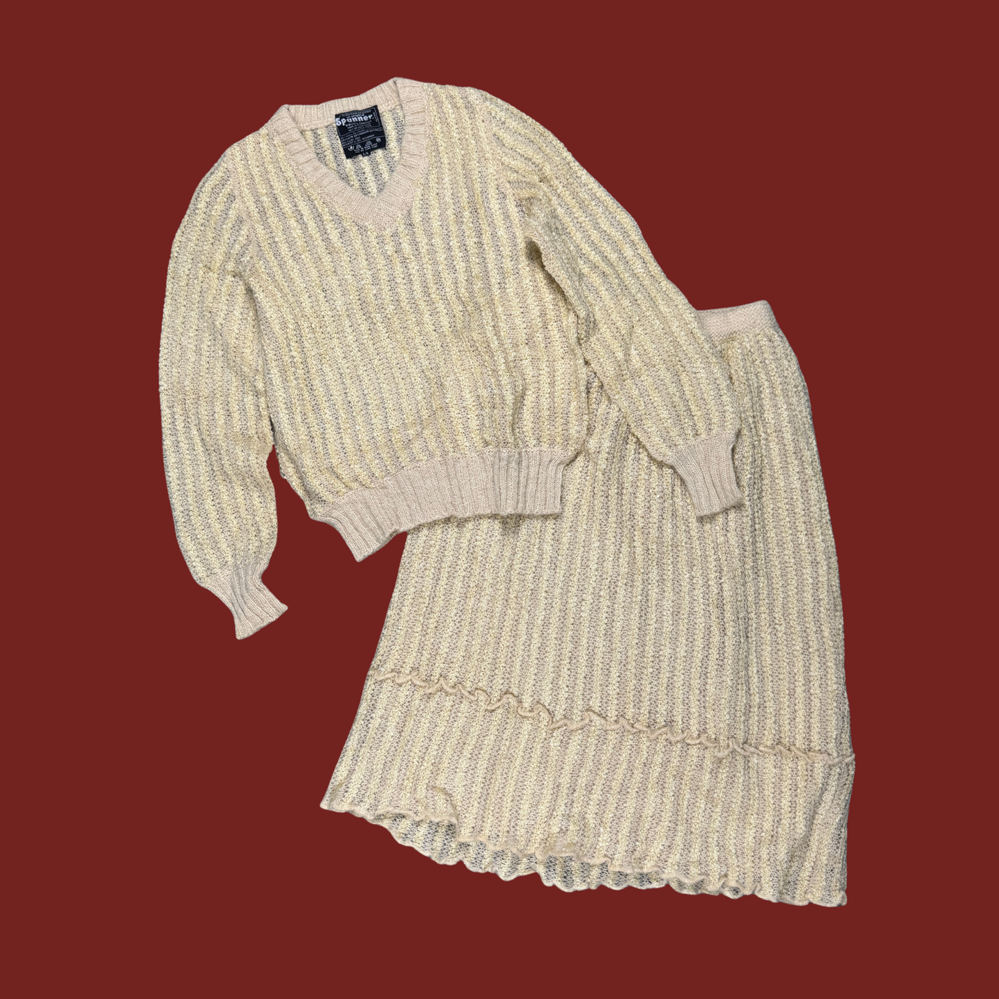 (M) 80s Cream Wool/Mohair Matching Sweater and Skirt Set