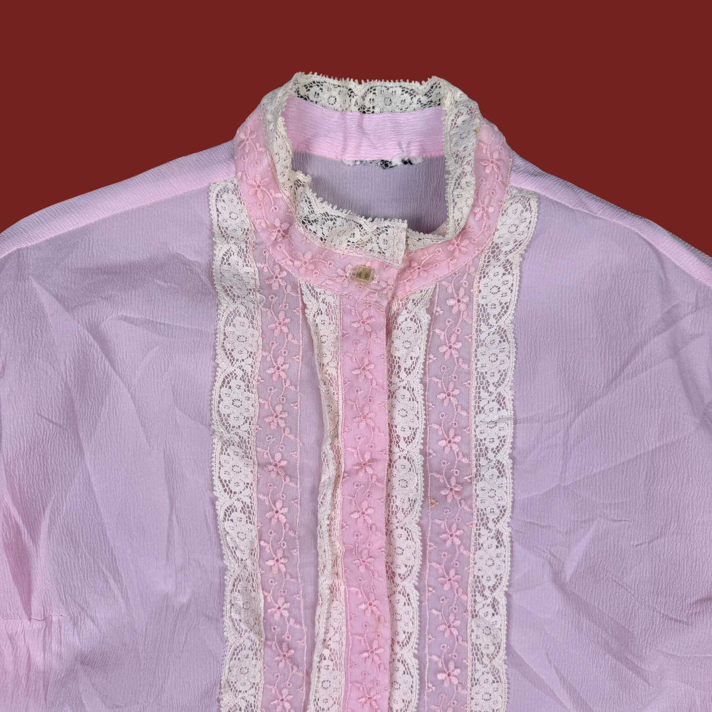 (L) 60s/70s Pink Lace Trim Blouse