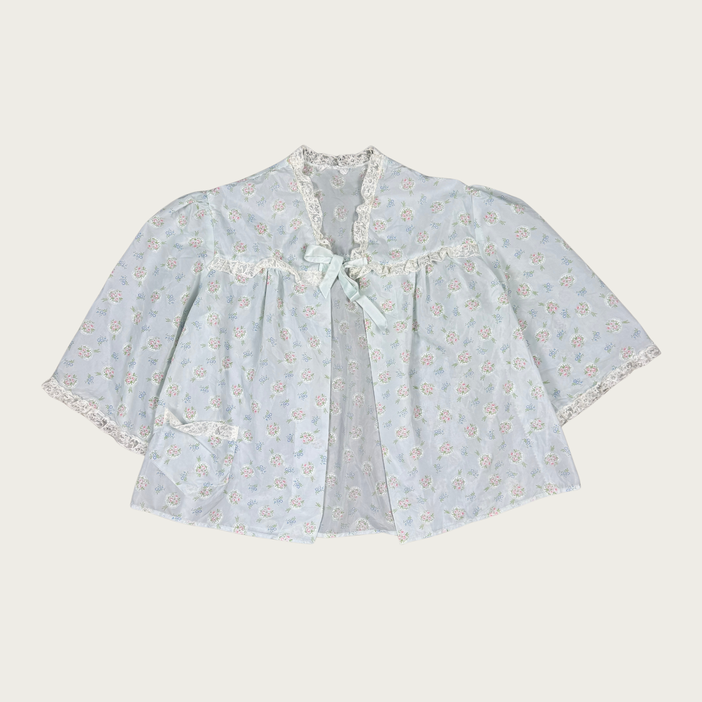 (M) Blue Floral Lace Trim Bed Jacket