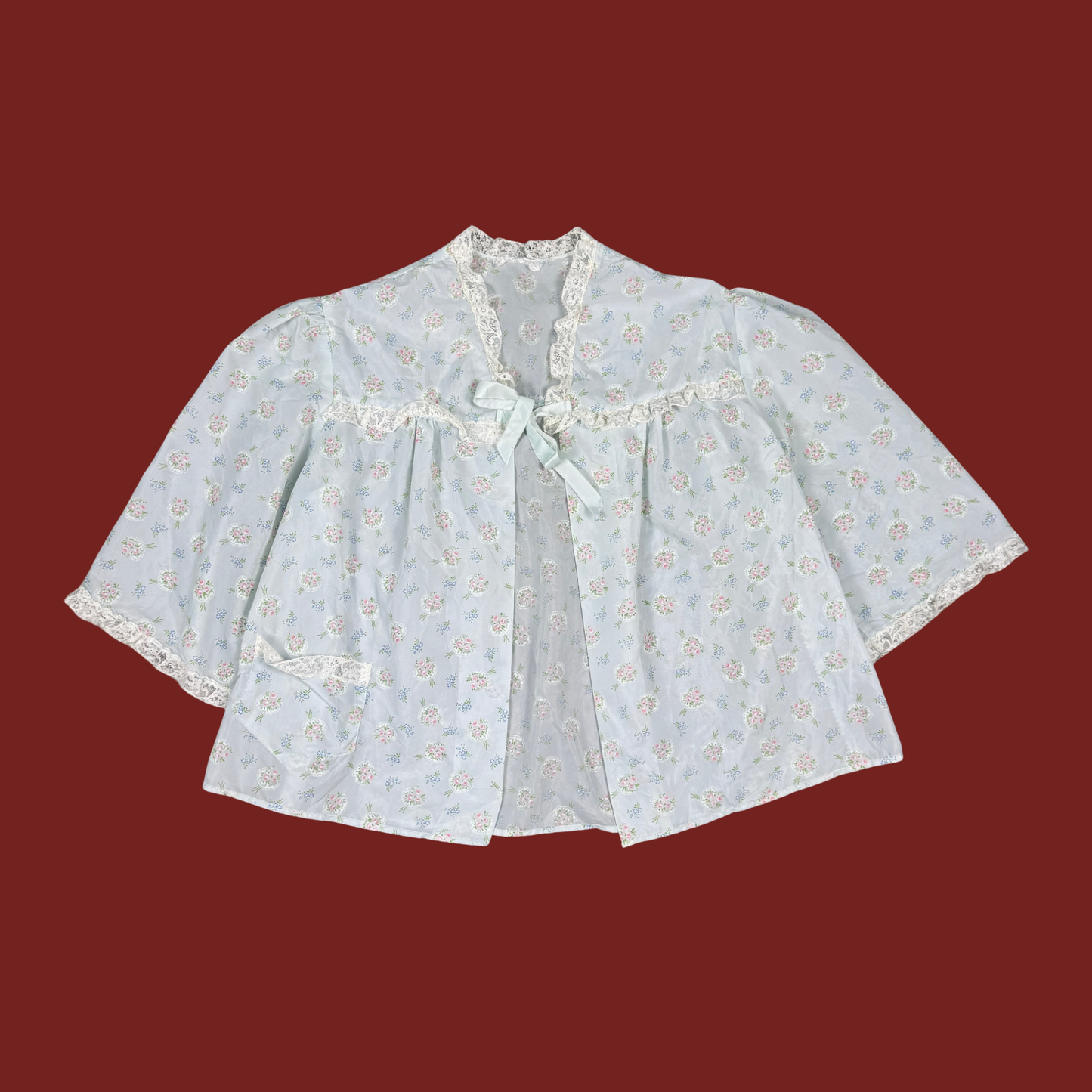 (M) Blue Floral Lace Trim Bed Jacket