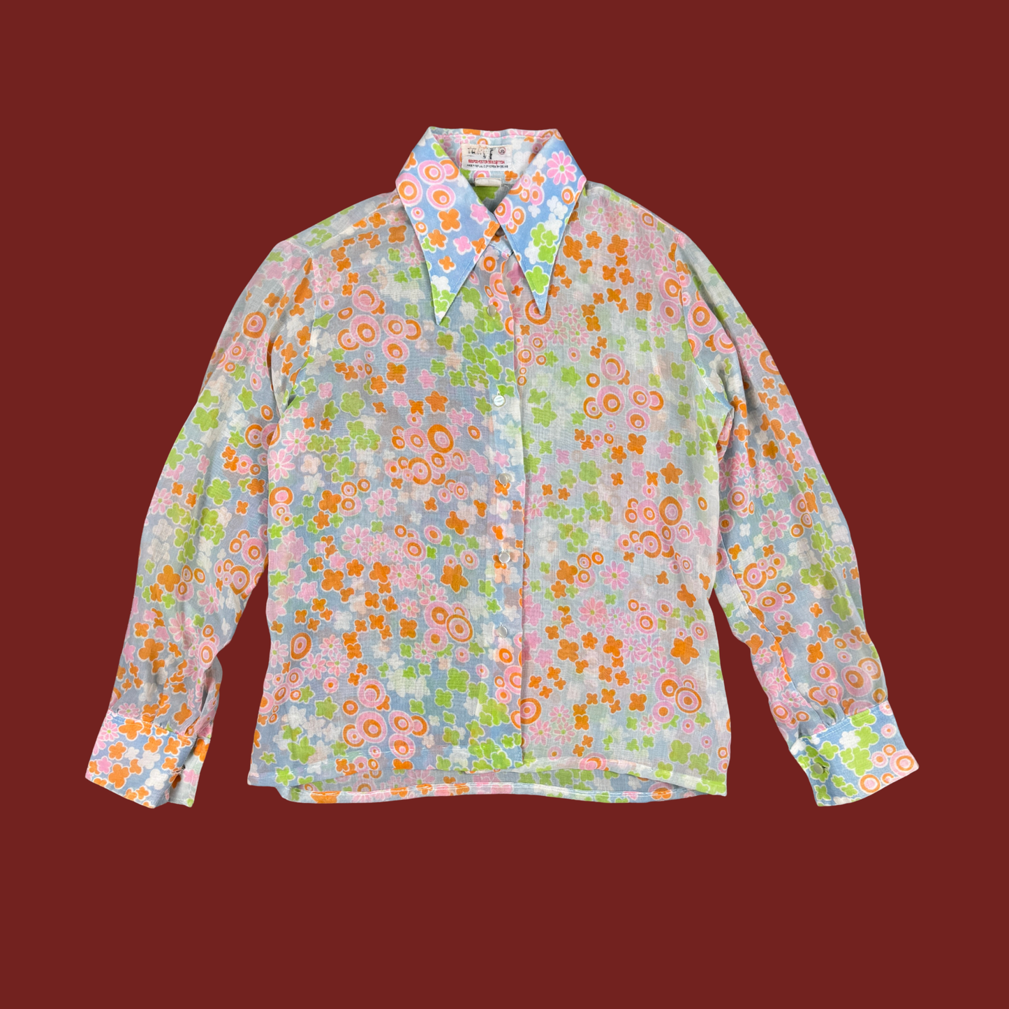 (M/L) 60s/70s Multicolor Groovy Print Sheer Blouse