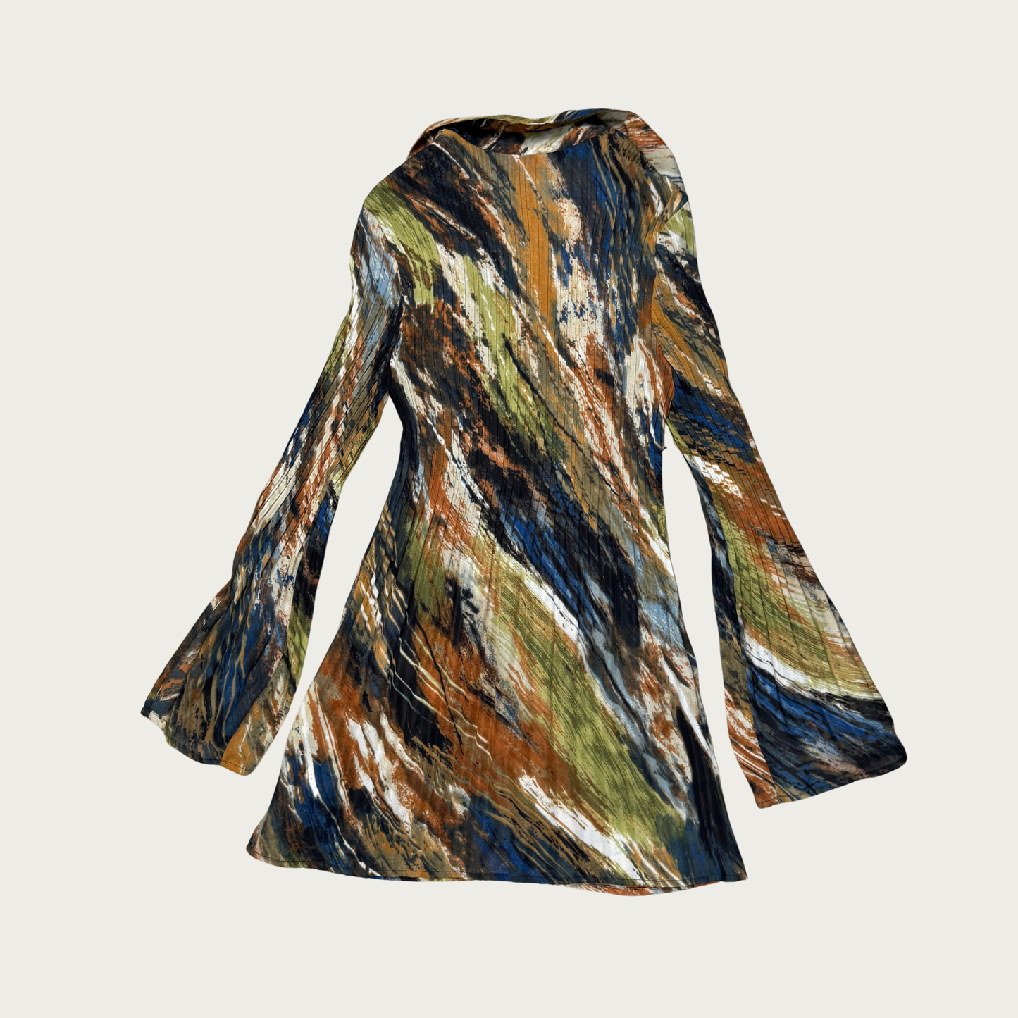 (M) Y2K Earth Toned Printed Bell Sleeve Dress