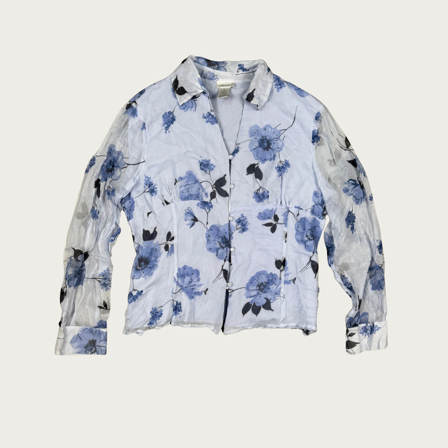(L/XL) 90s/Y2K Beaded Blue Floral Silk Blouse