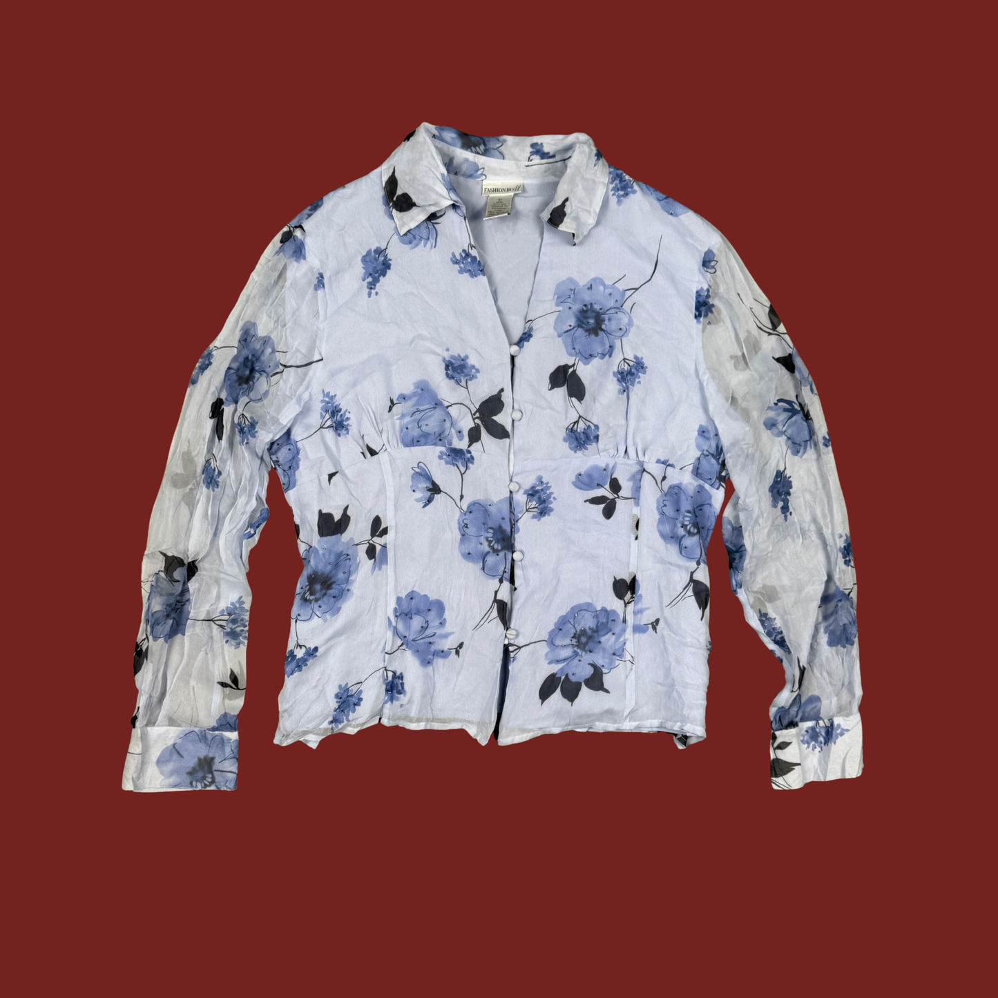 (L/XL) 90s/Y2K Beaded Blue Floral Silk Blouse