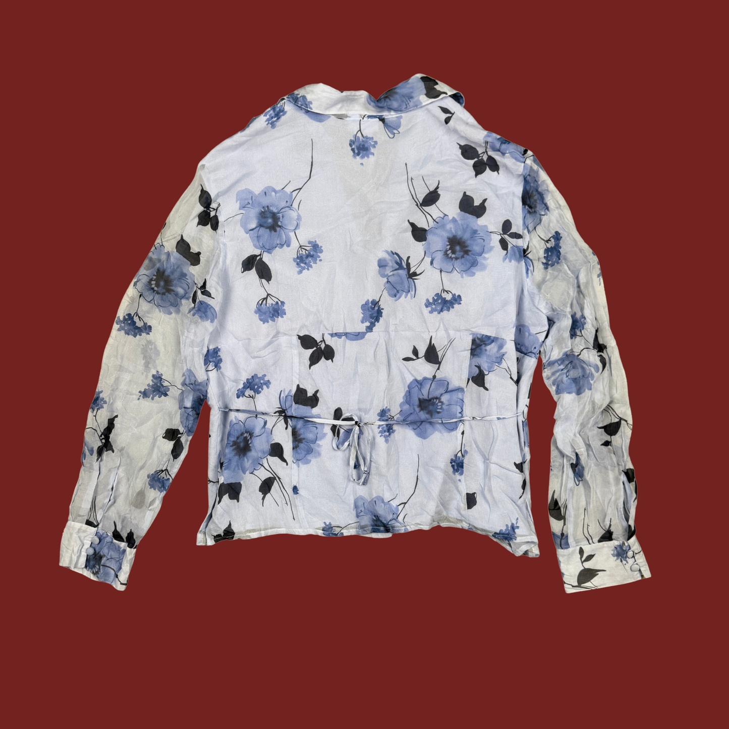 (L/XL) 90s/Y2K Beaded Blue Floral Silk Blouse