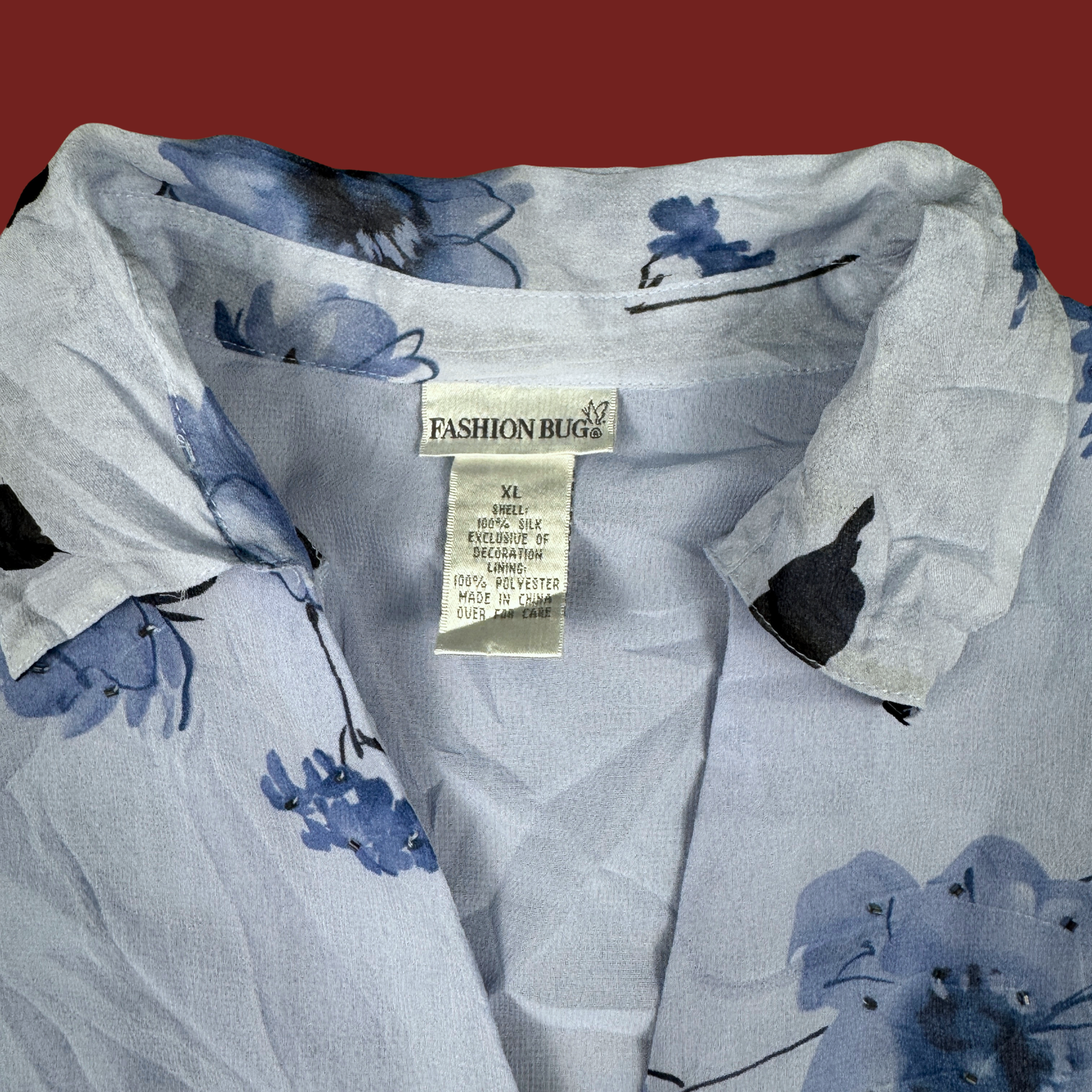 (L/XL) 90s/Y2K Beaded Blue Floral Silk Blouse