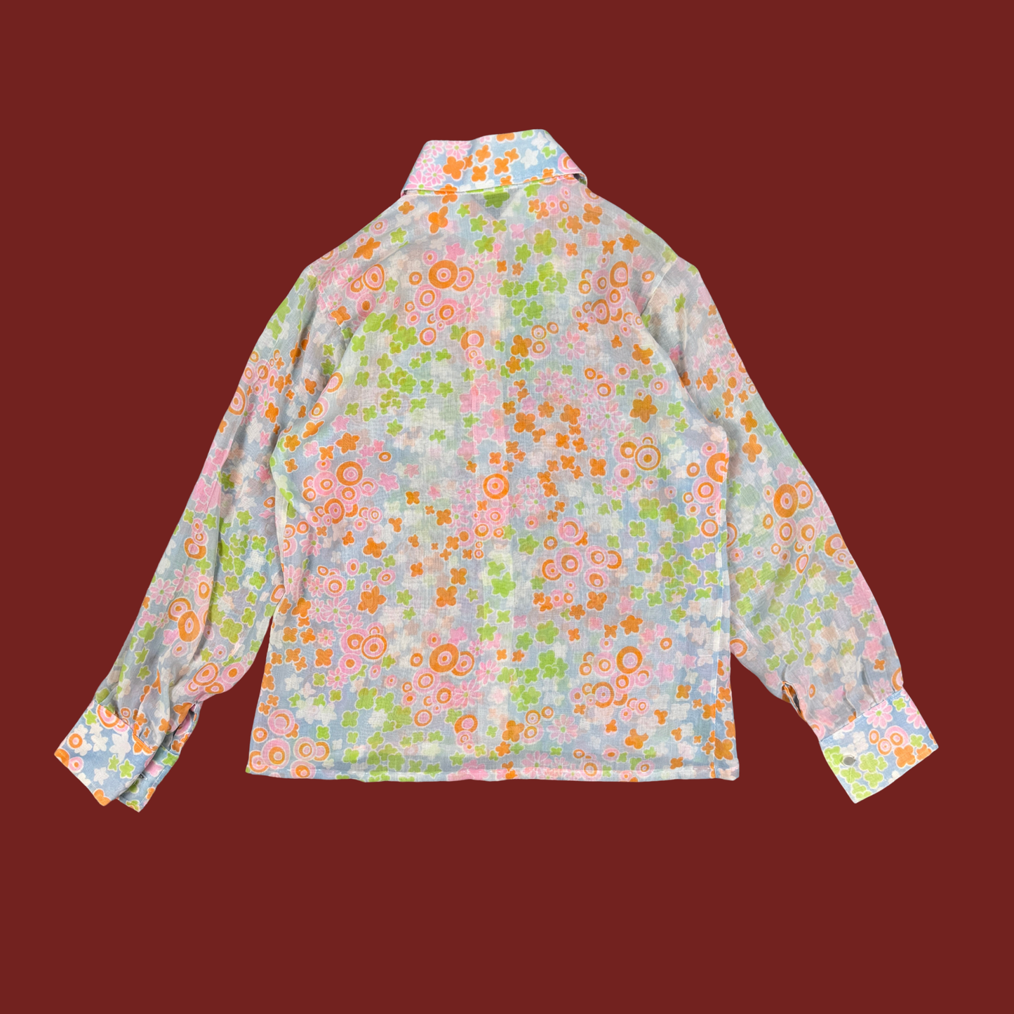 (M/L) 60s/70s Multicolor Groovy Print Sheer Blouse