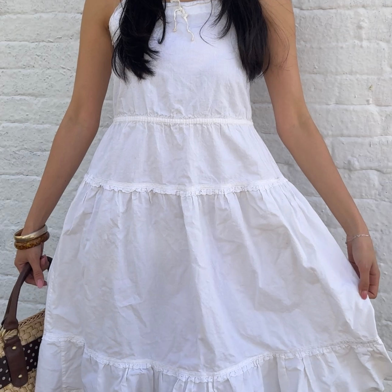 (XS/S) White Cotton Tiered Midi Dress