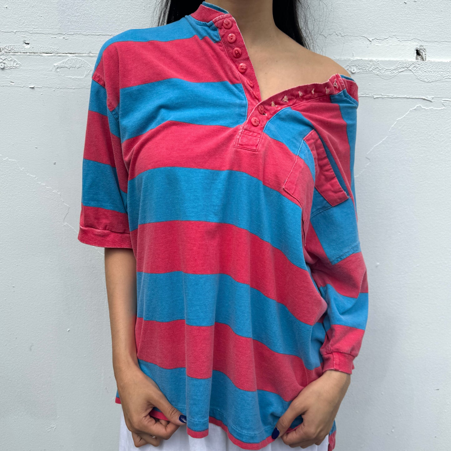 (L/XL) Red and Blue Striped Henley Tee