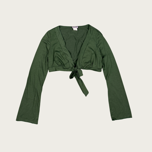 (S) Y2K Cropped Green Bell Sleeve Tie Top