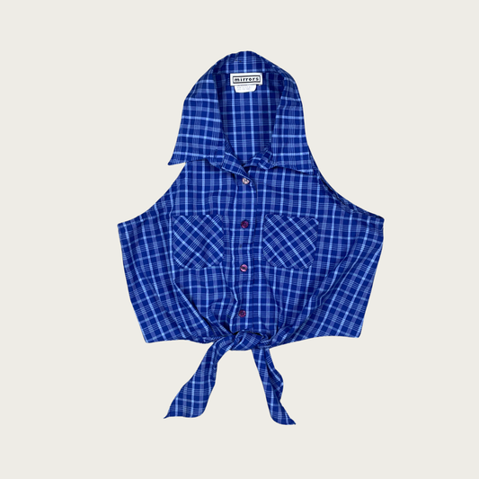(M) 90s/Y2K Blue Plaid Cropped Tie Top