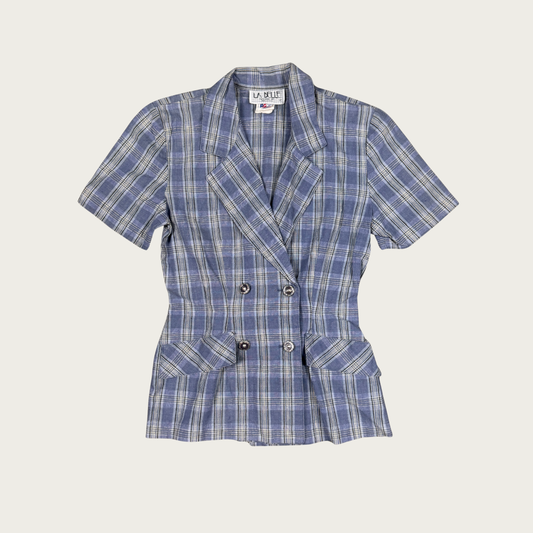 (S) 80s/90s Blue Plaid Collared Top
