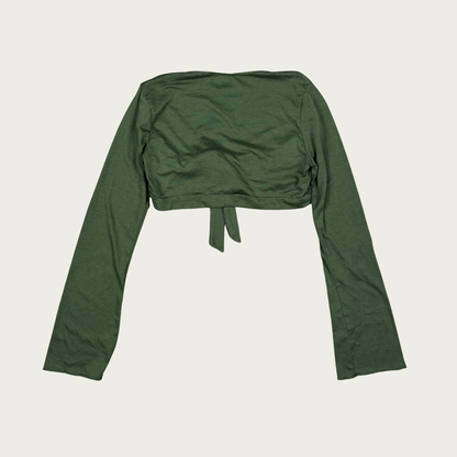 (S) Y2K Cropped Green Bell Sleeve Tie Top