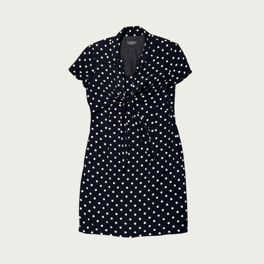 (M/L) 80s/90s Black/Cream Polka Dot Tie Front Midi Dress
