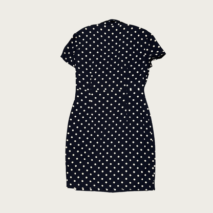 (M/L) 80s/90s Black/Cream Polka Dot Tie Front Midi Dress
