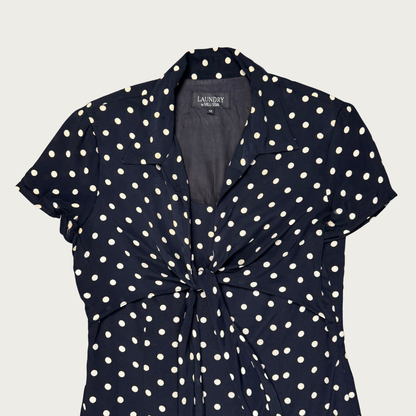 (M/L) 80s/90s Black/Cream Polka Dot Tie Front Midi Dress