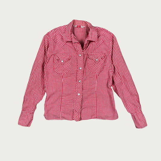 (S) Red Gingham Western Snap Button Shirt