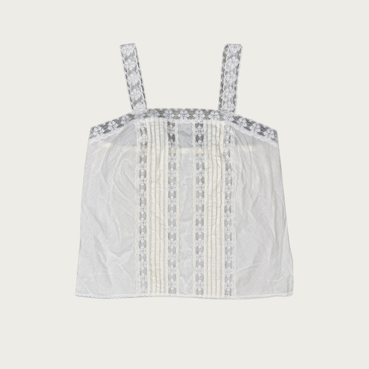 (S/M) White Cotton Filet Crochet Trim Top