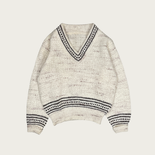 (L) Cream Marled V Neck Sweater