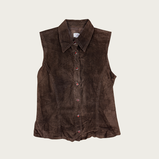 (M) Brown Suede Mesh Snap Button Top