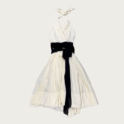 (S) Y2K Cream/Black Silk Lace Trim Halter Midi Dress