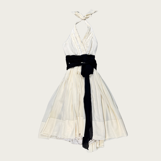 (S) Y2K Cream/Black Silk Lace Trim Halter Midi Dress