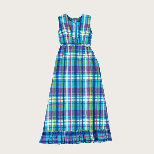 (S) Blue Plaid Plunge Neck Maxi Dress