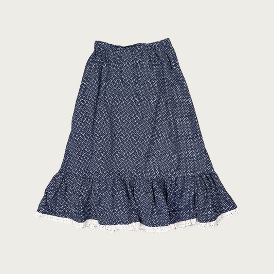 (25") 60s/70s Navy Blue Floral Eyelet Ruffle Prairie Midi Skirt