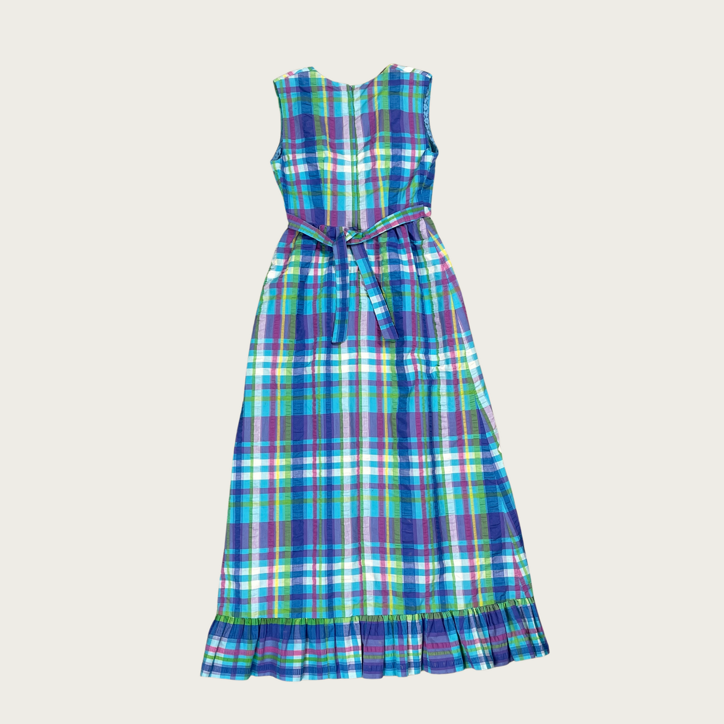 (S) Blue Plaid Plunge Neck Maxi Dress