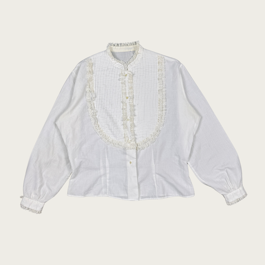 (L) 70s/80s White Pleated Ruffle Blouse