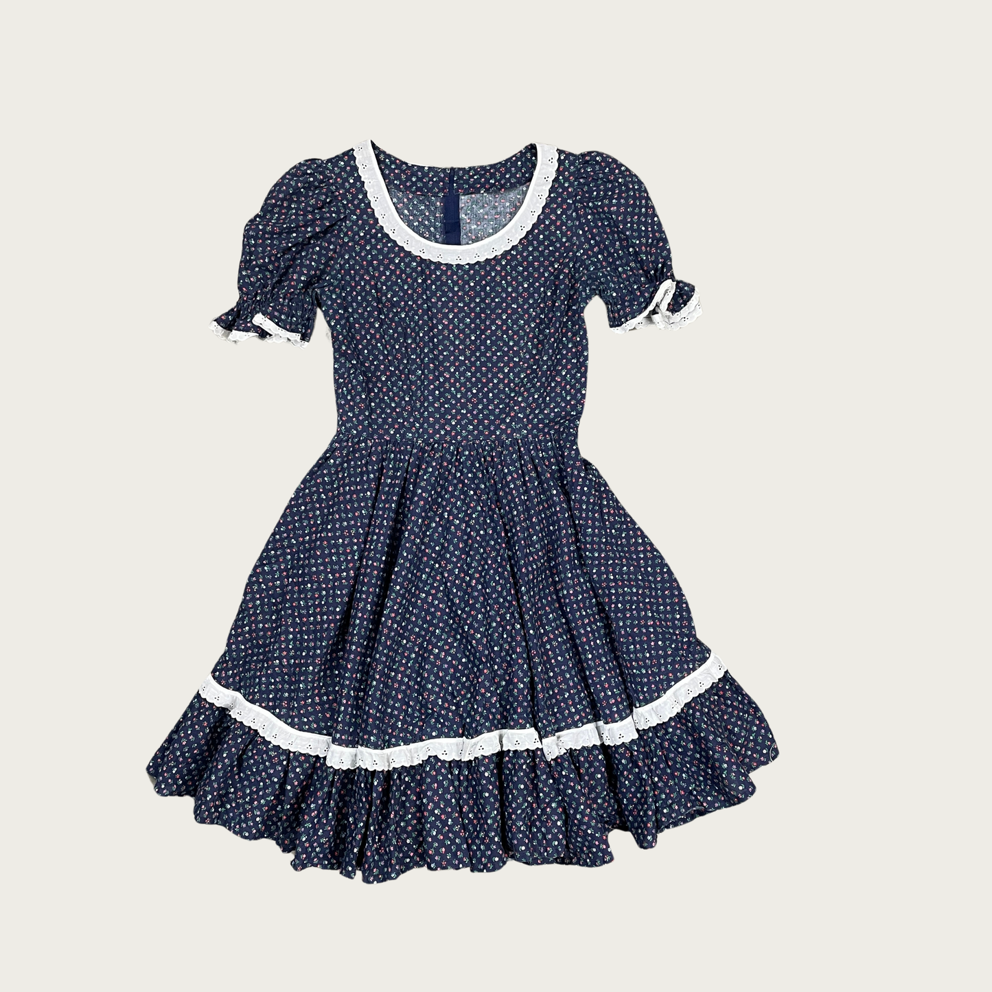 (M) 70s Navy Blue Floral Square Dancing Dress